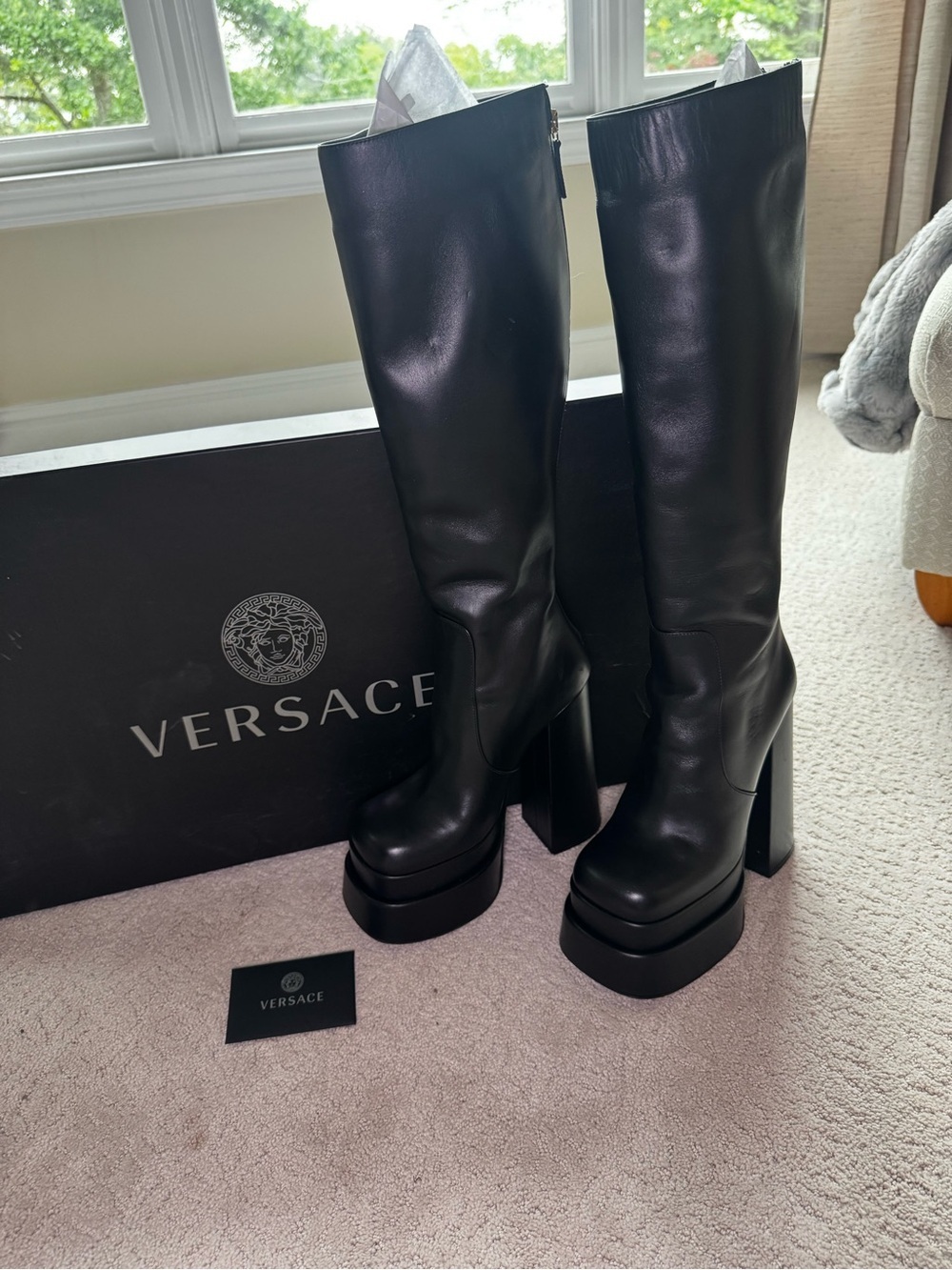 Versace Aevitas Leather Platform Black Knee-High Boots. 36 1/2